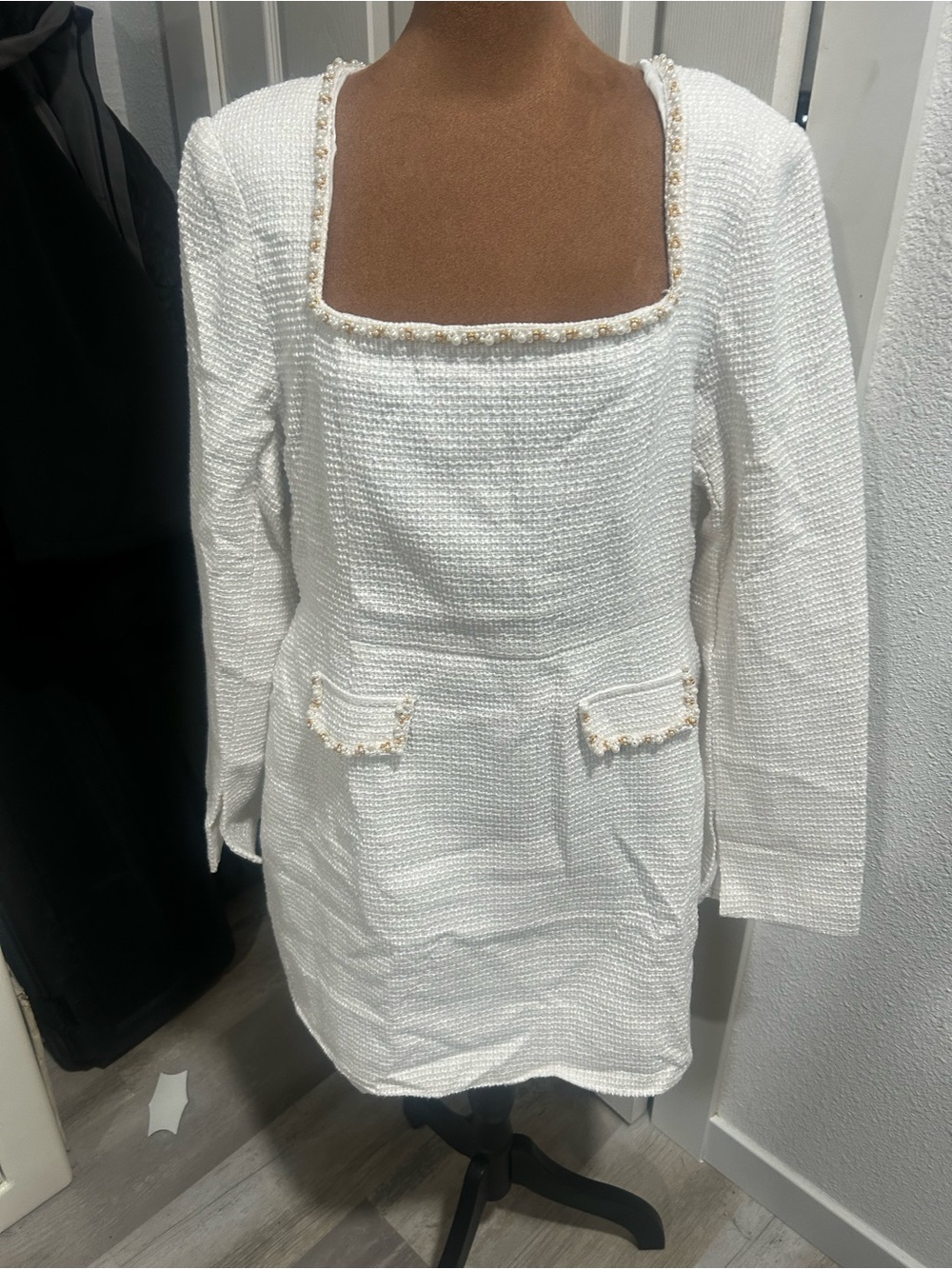 Source Unknown White Tweed Midi Dress with Pearl Trim